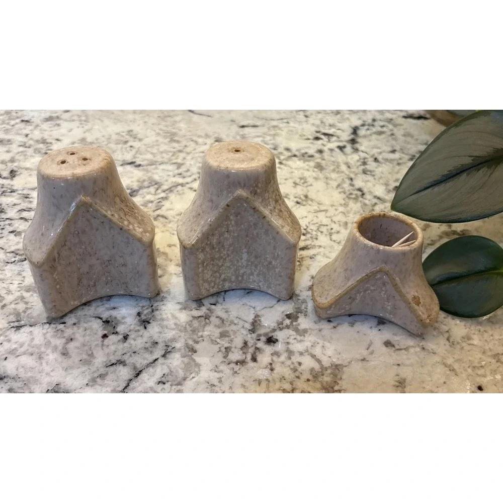 Vintage Israel Salt and Pepper Nurit Pottery Abstract MCM Toothpick Holder Caddy